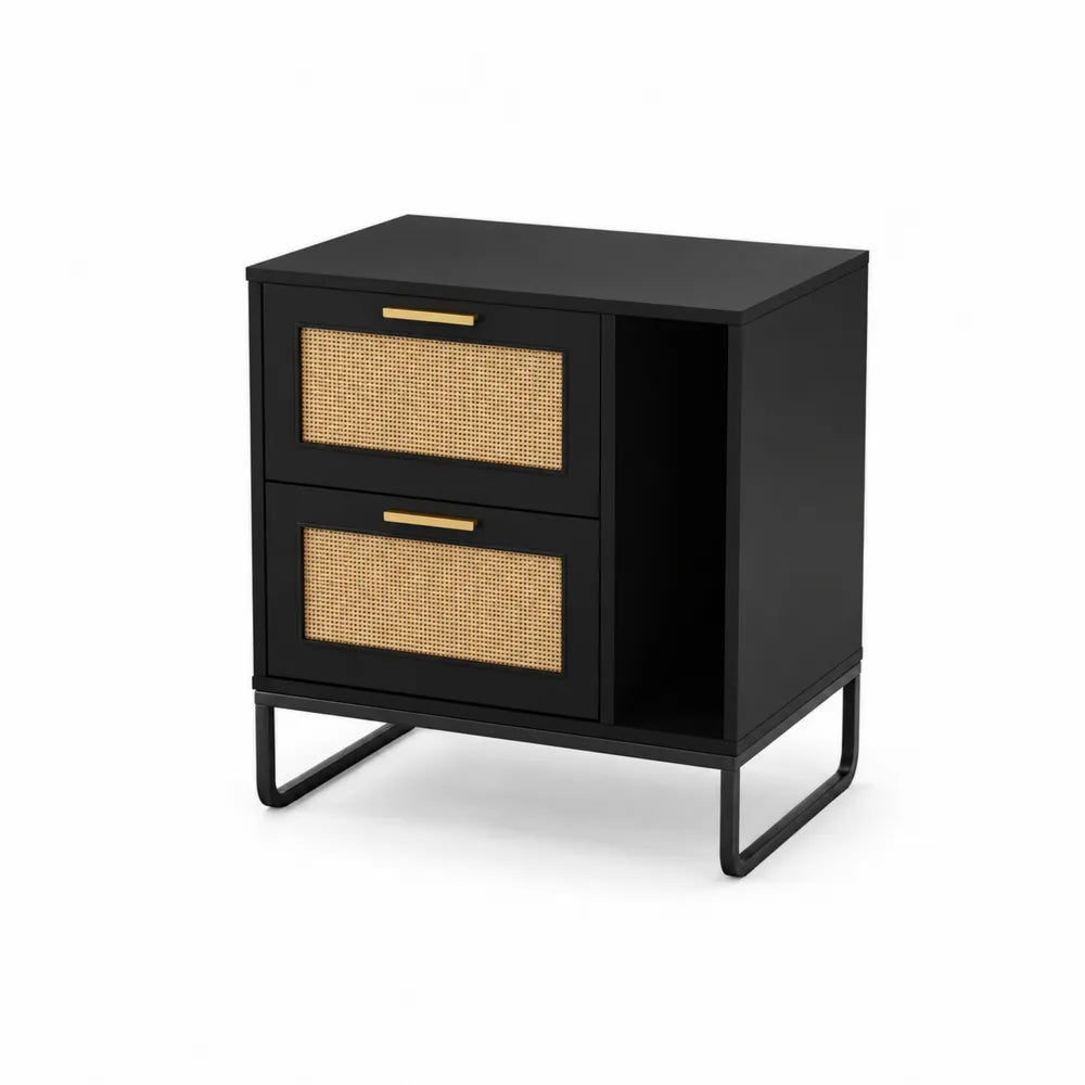 Nachttisch Holz Metall Schwarz Rattan 2