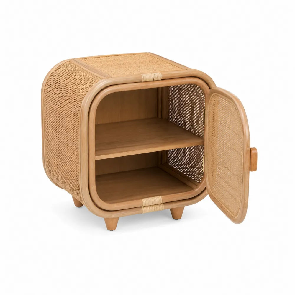 Holz Nachttisch mit Rattan